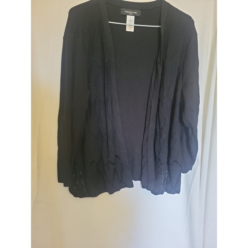Jones Of New York Black Beaded Cardigan Womens Size 2X Open Front